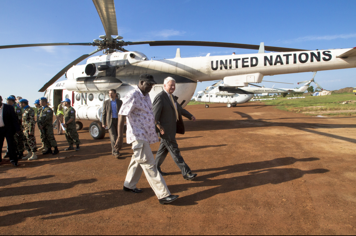 Hervé Ladsous (right), Under-Secretary-General for Peacekeeping Operations, arrives in Bor, South Sudan.