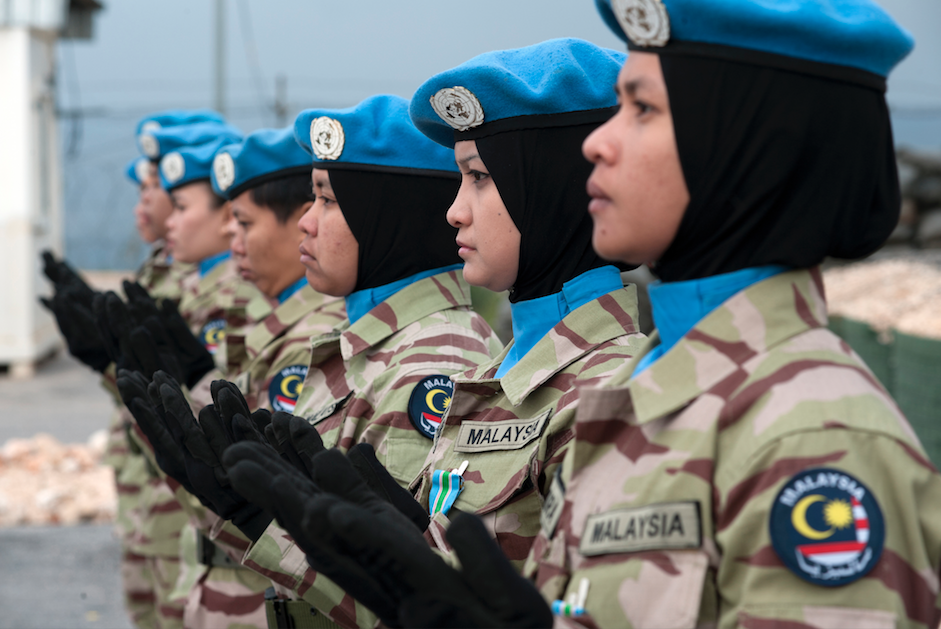 Malaysian women peacekeepers of the UN Interim Force in Lebanon (UNIFIL) at a medal ceremony in Kawkaba, south Lebanon.
