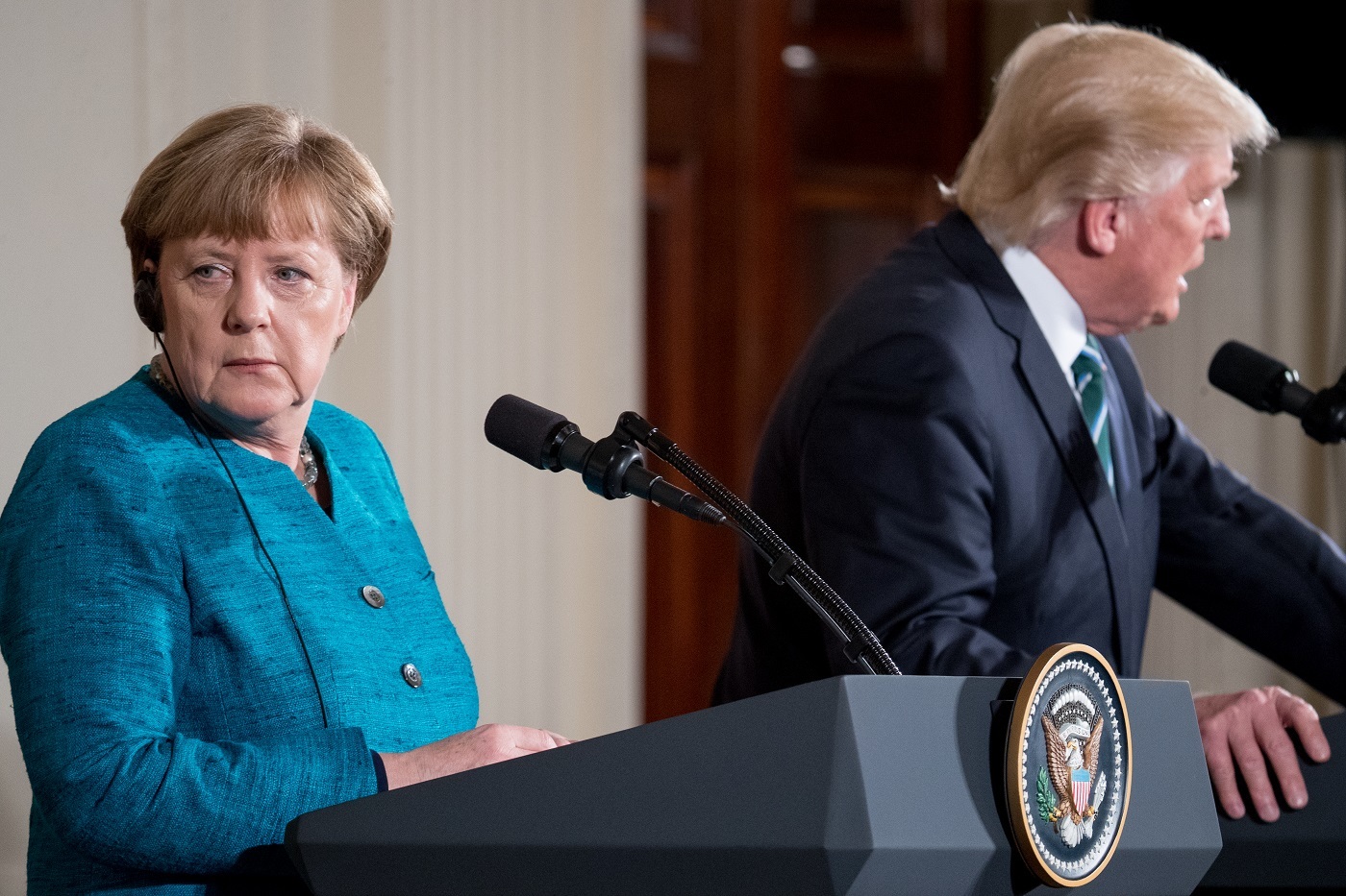 President Donald Trump and German Chancellor Angela Merkel participate in a joint news conference in the East Room of the White House in Washington, Friday, March 17, 2017. (AP Photo/Andrew Harnik)