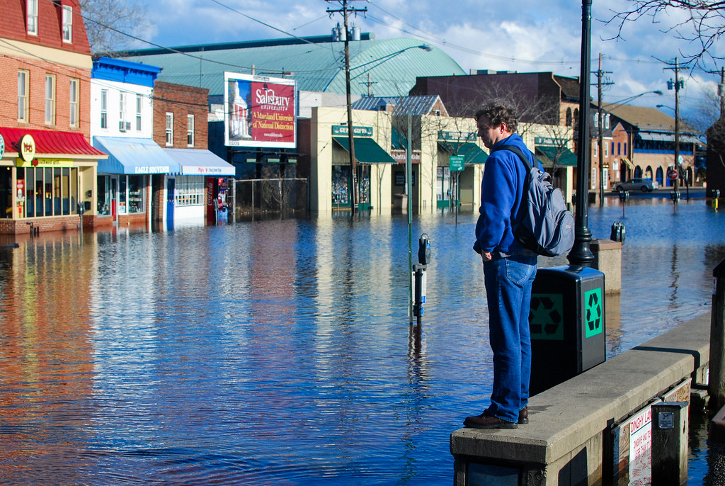 A man observes a stretch of Dock Street in Annapolis, Md., that flooded after the area received over three quarters of an inch of rain in 24 hours on Jan. 25, 2010. (Photo by Matt Rath/Chesapeake Bay Program)