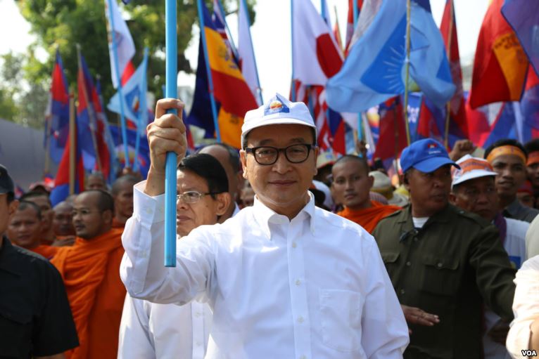 Cambodian opposition leader Sam Rainsy at a pro-democracy protest. Source: VOA Cambodia