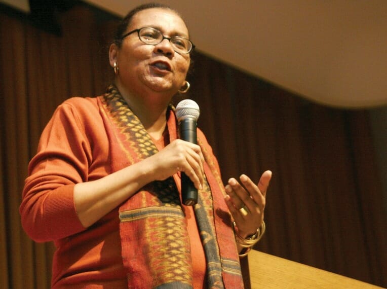 woman speaking in microphone