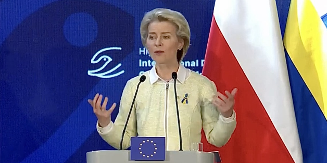 In the Photo: Ursula von der Leyen speaks at the Donors conference
Photo Credit: Standing with Ukraine Conference, Youtube