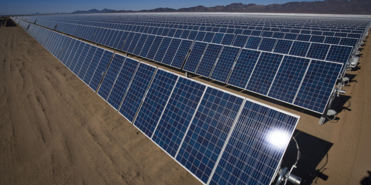 Solar energy farm as part of the Desert Renewable Energy Conservation Plan in the California Desert.