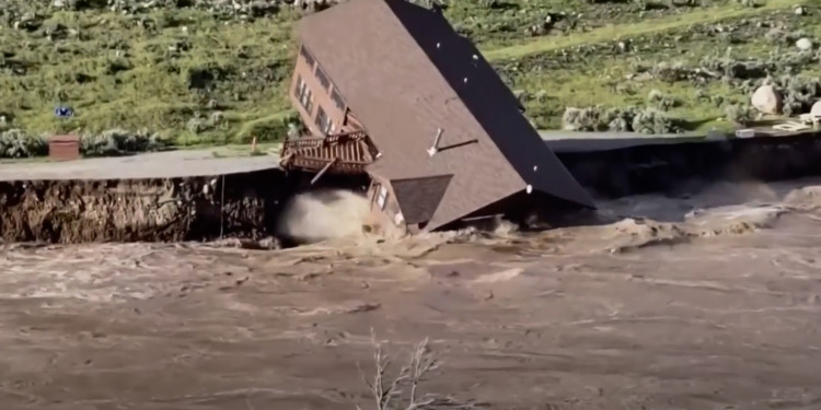 Cabin falls into river amid serve Yellowstone flooding. Source: CBS News.