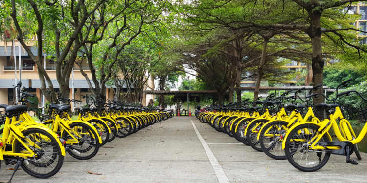 Rows of bright yellow public rental bikes on a street,Popular platforms of bicycle-sharing system,Parked vehicles.