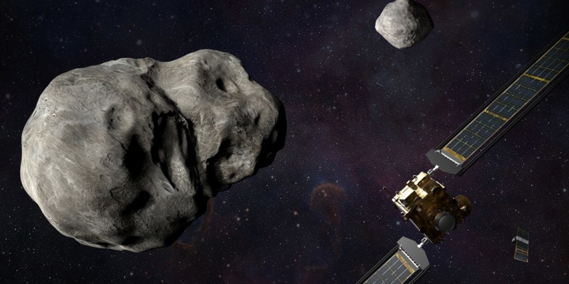 An illustration showing NASA's DART spacecraft and the Italian Space Agency's LICIACube before impact. Source: Steve Gribben/John Hopkins APL/NASA