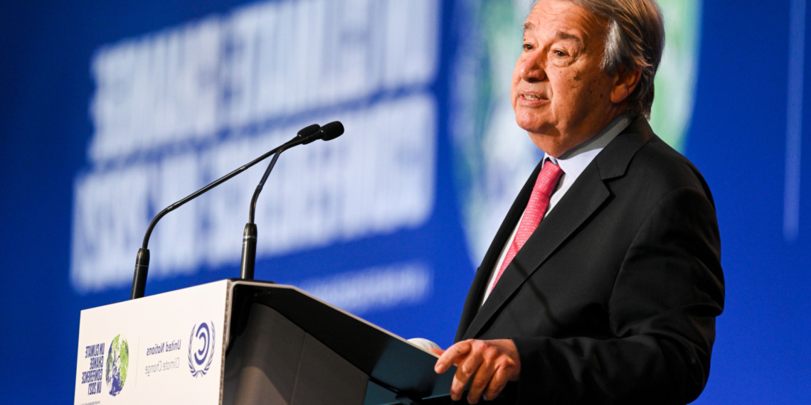 Antonio Guterres, Secretary-General of the United Nations, speaks at the Opening Ceremony for Cop26 at the SEC Glasgow. Photograph: Karwai Tang/ UK Government