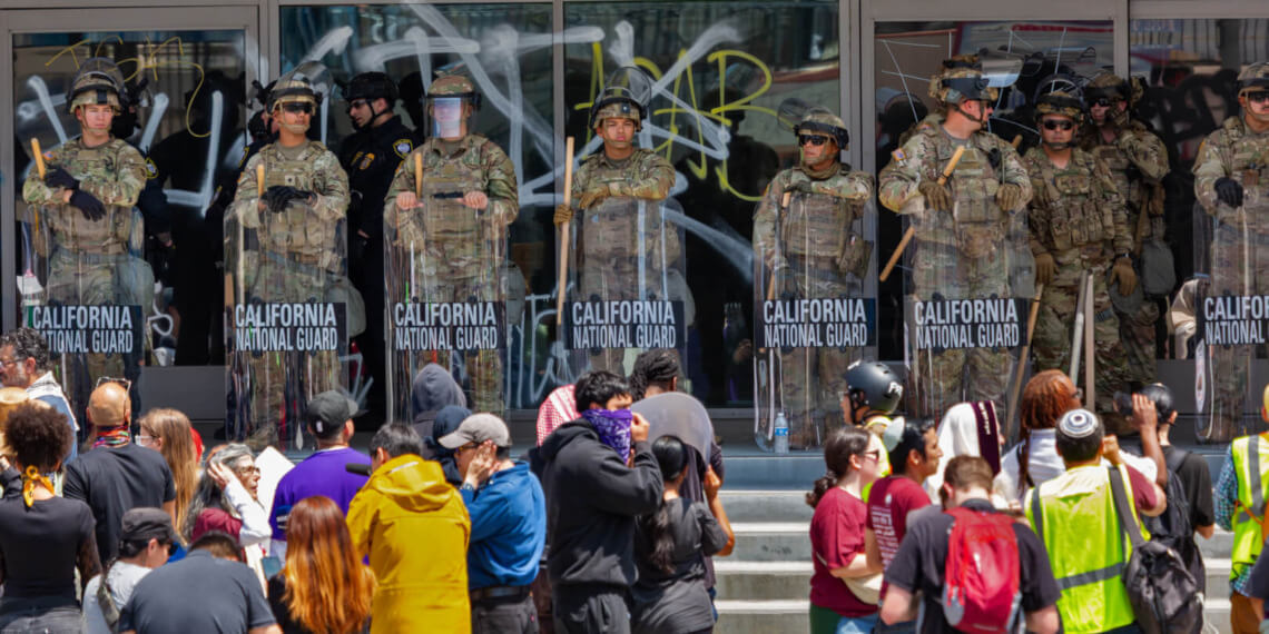 California National Guard in front of protestors, June 9, 2025.
