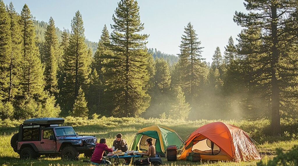 view of a camping site with a jeep and a diesel generator.