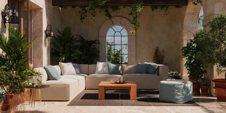 Sustainable Poltrona Frau in a living room in the Tuscan country side villa