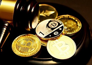 Cryptocurrency coin, calculator and financial documents representing alternative investments