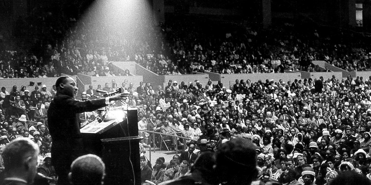 Martin Luther King, Jr. speaking at interfaith civil rights rally, San Francisco Cow Palace, June 30 1964. Photo Credit: George Conklin.