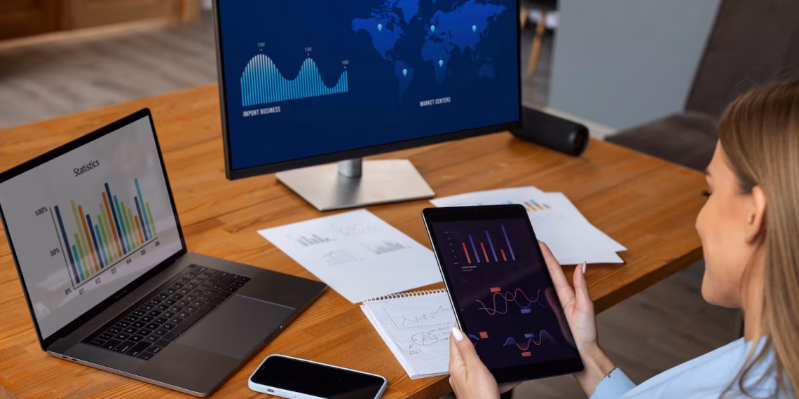 Woman checking cross-platform finance tools