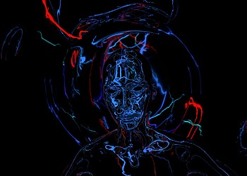 An abstract robotic figure is surrounded by glowing lines