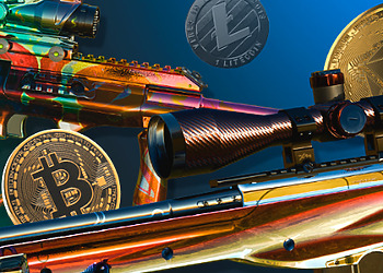 CS2 Skins with bitcoin in the background