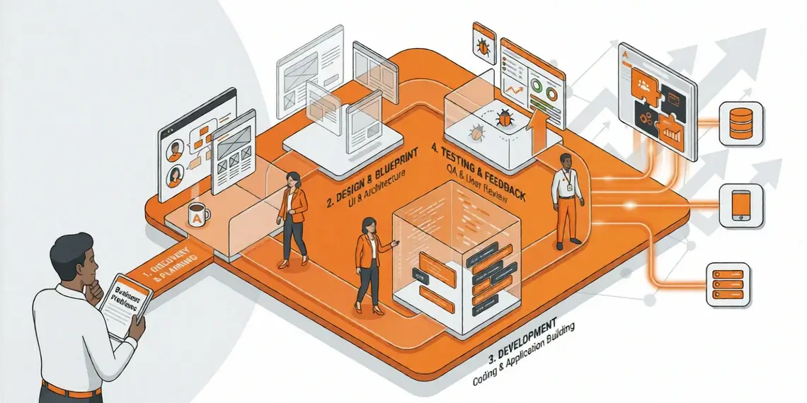 An illustration that shows Custom Software Development process.