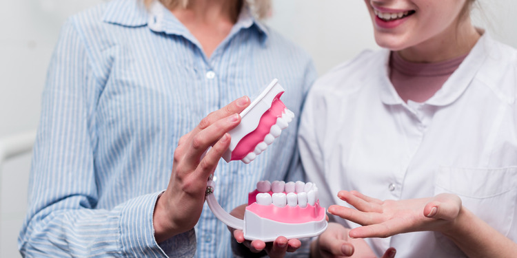 View of two dentist handling denture Materials and a denture