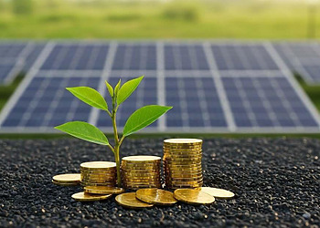 Money, a lille green plant and solar panel in the background. Portfolio diversification with sustainable investments.
