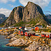 A view of Scandinavia and its eco-friendly travel accommodation on the coastline near Hamnøy, Lofoten islands, Norway