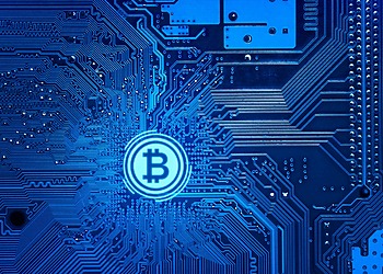 A crypto currency logo with a backdrop of a circuit.