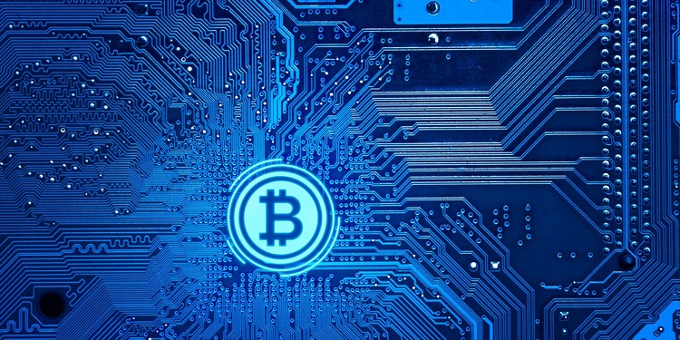 A crypto currency logo with a backdrop of a circuit.