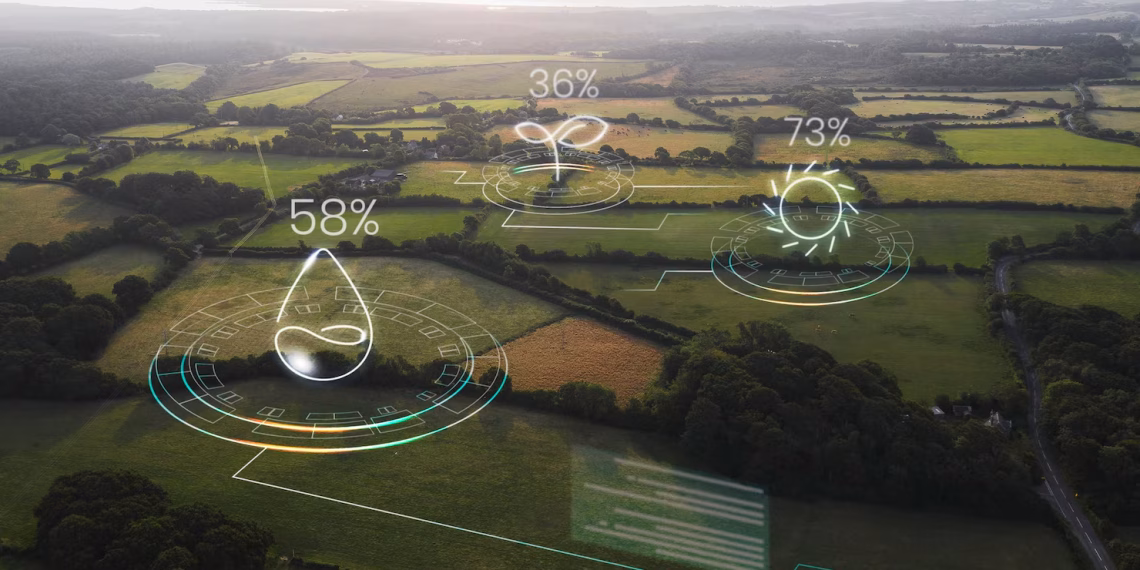 A smart agricultural field showing key ESG reporting metrics