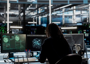Woman at her desk with Safety Technology open on her computer screens.