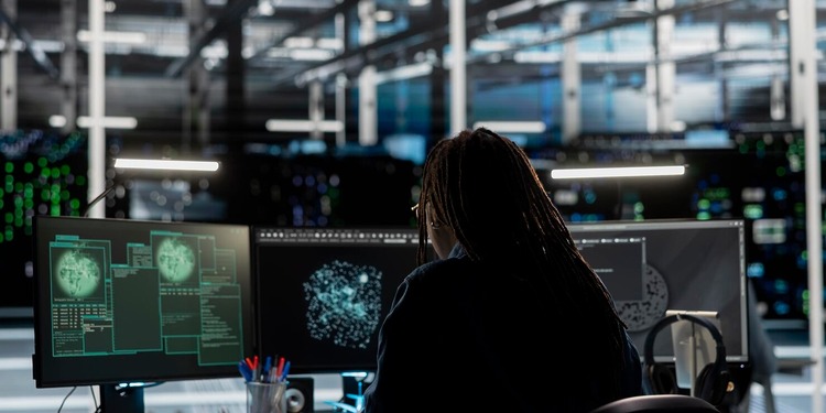 Woman at her desk with Safety Technology open on her computer screens.