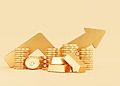 Stack on assets such as gold bar and coins with a orange background and large arrow trending upwards.
