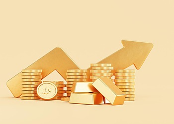 Stack on assets such as gold bar and coins with a orange background and large arrow trending upwards.