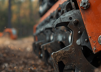 Close-up of heavy-duty Prinoth carbide mulching teeth on an orange forestry machine clearing a wooded area.