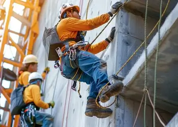 Construction workers equipped with safety harnesses and hard hats performing maintenance on a building