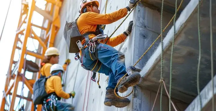 Construction workers equipped with safety harnesses and hard hats performing maintenance on a building