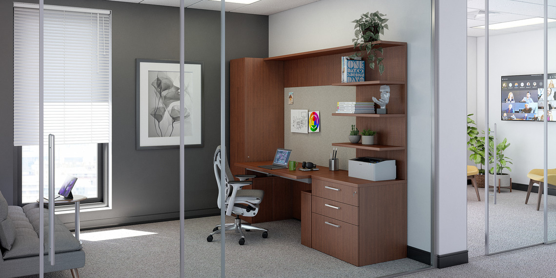 Sound absorbing furniture in an office.