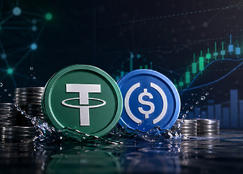 Tether USDT and USD Coin USDC stablecoin physical tokens splashing in water against a dark background with green candlestick trading charts.
