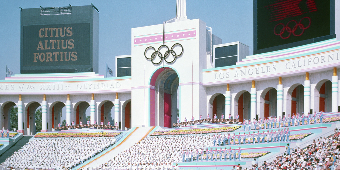 Olympic Torch Tower of the Los Angeles Coliseum on the day of the opening ceremonies of the 1984 Summer Olympics.