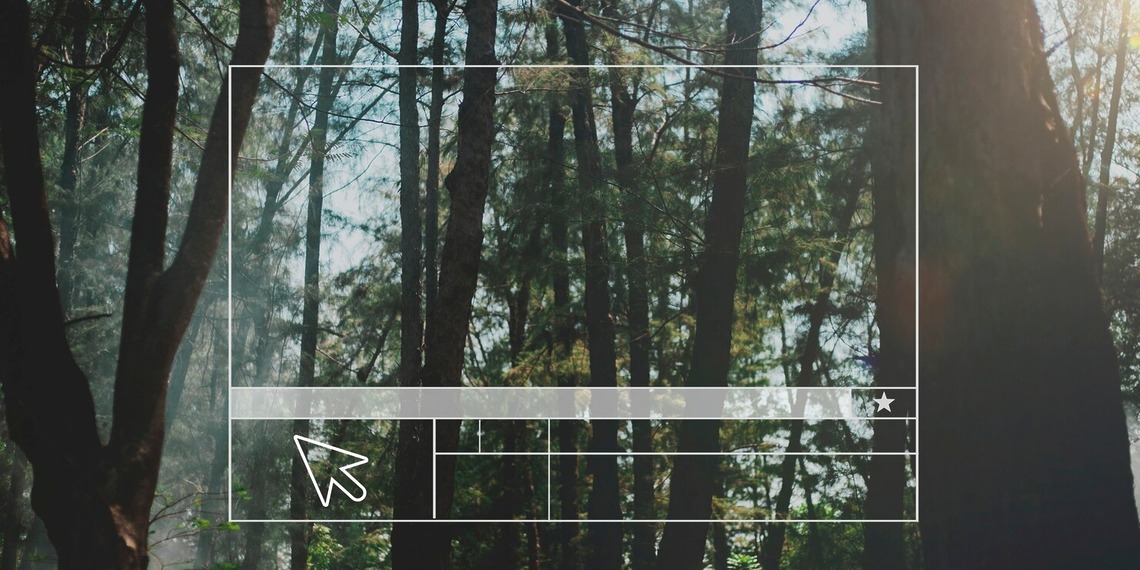 Website design interface displayed over a forest landscape, representing eco-conscious UX design and sustainable web development.