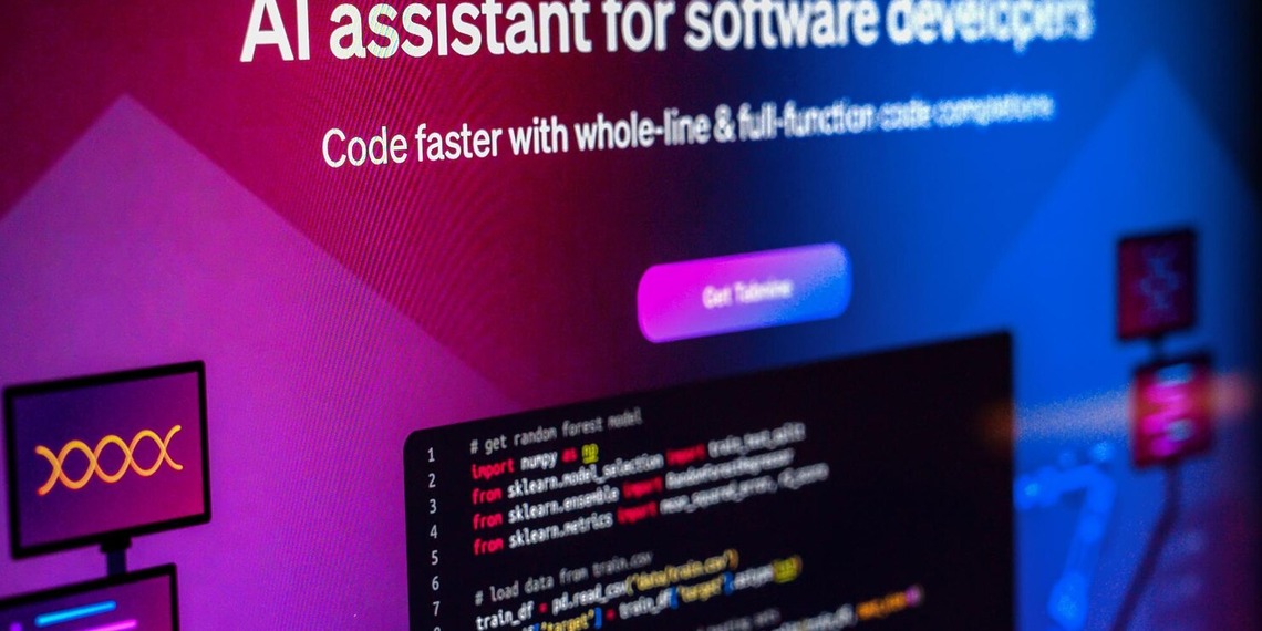 AI software development interface displayed alongside website code