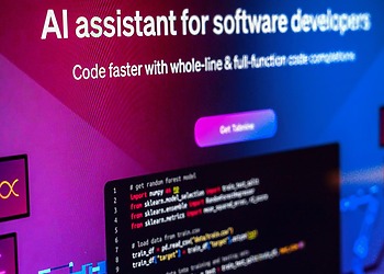AI software development interface displayed alongside website code