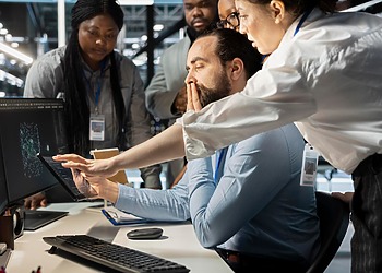 Team collaborating around computer monitors in a modern office
