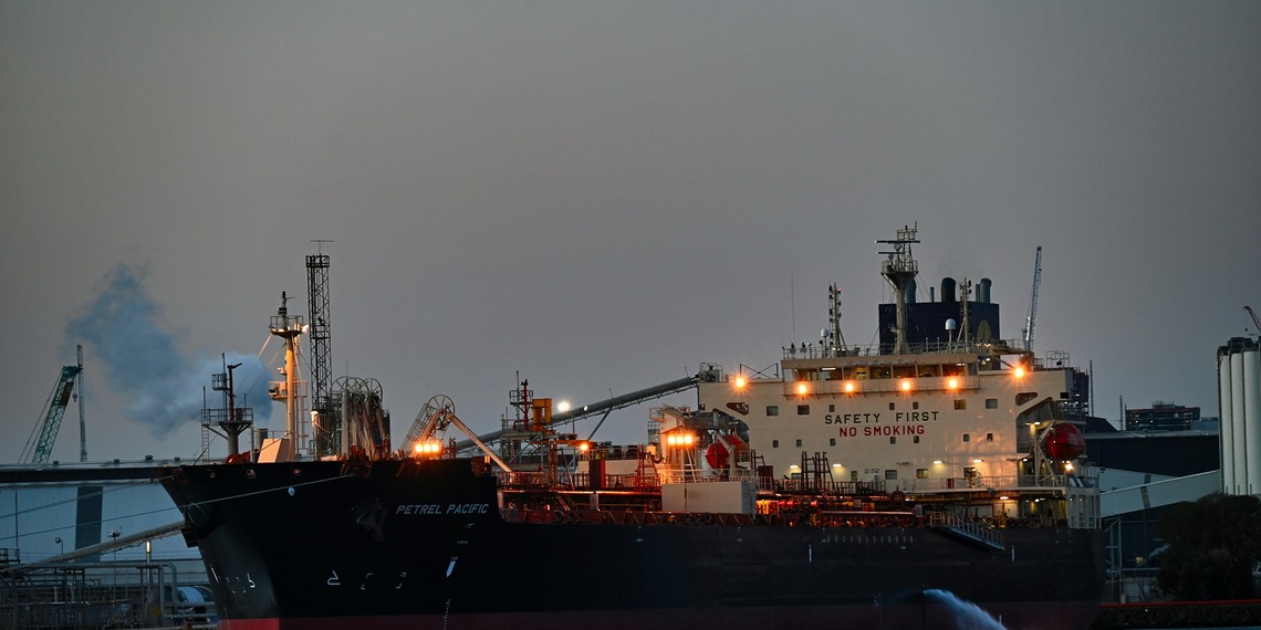 The oil tanker Petrel Pacific docked on the Yarra River, Australia.