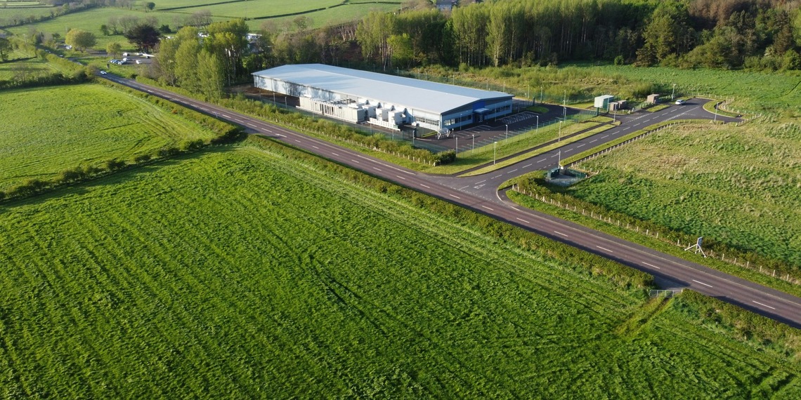 An aerial shot of a data center in Colerain, Northern Ireland