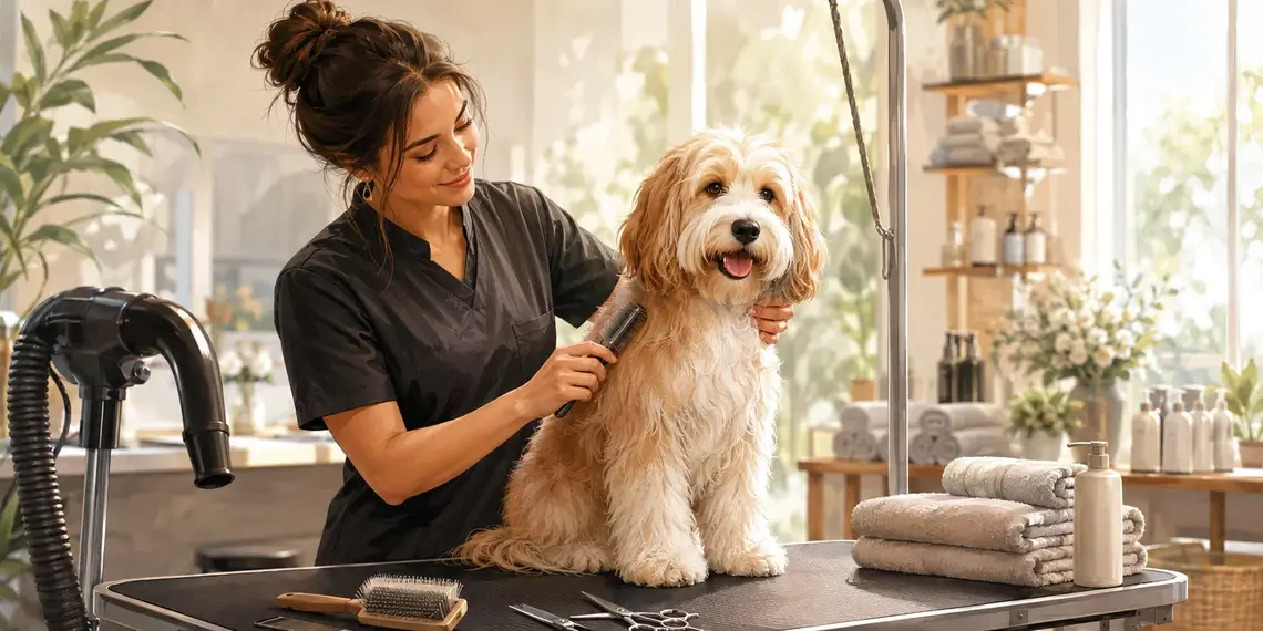 Professional groomer brushing a dog on a grooming table