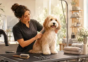 Professional groomer brushing a dog on a grooming table