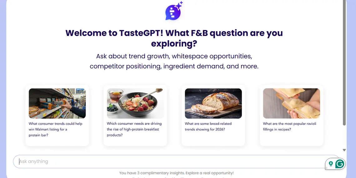 TasteGPT food intelligence interface displaying food and beverage trend data