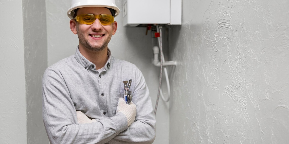 Technician standing beside a wall-mounted tankless water heater