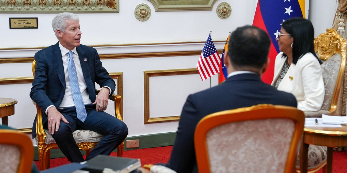US Energy Secretary Chris Wright speaking with Venezuela’s interim President Delcy Rodriguez