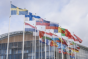 Country flags in front of the European Investment Bank Group's headquarters in Luxembourg.