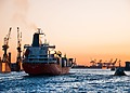 Stunning sunset view of cargo ships and cranes at the Port of Hamburg, epitomizing global trade and logistics.